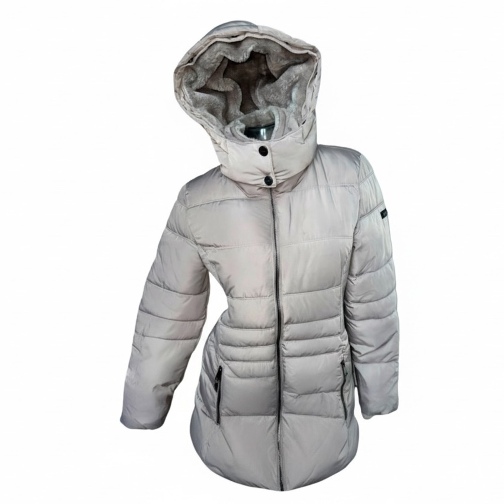 DKNY Light Gray Long Down Puffer Coat Jacket with High Collar and Hood